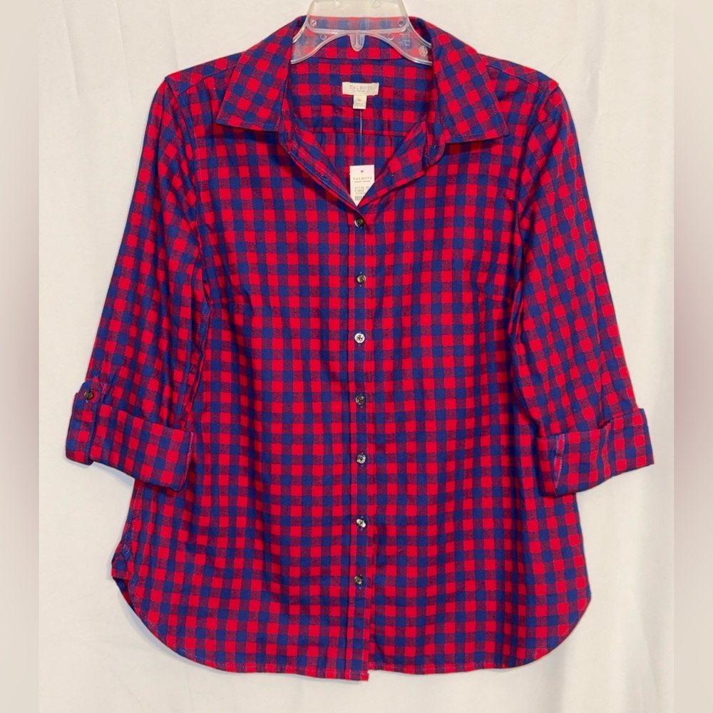NWT Talbots Red and Blue Checkered Button Down Long Sleeve Shirt Size MP